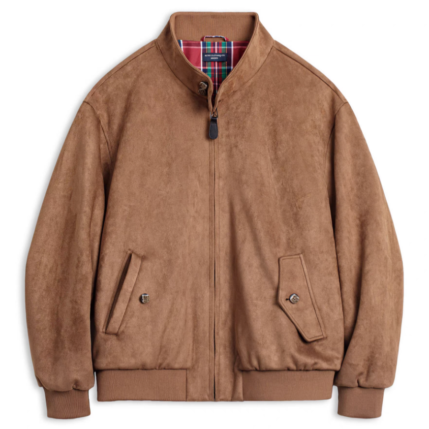 Camel suede G9 Harrington jacket front view with tartan lining