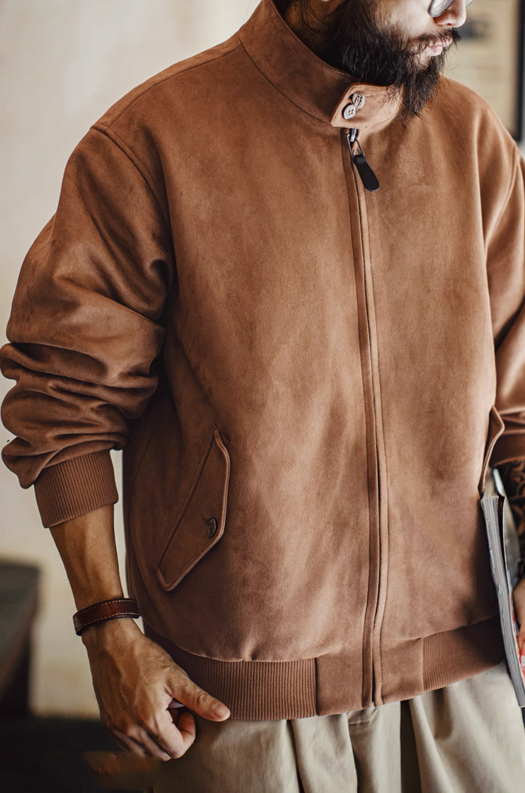 Camel suede G9 Harrington jacket front view with tartan lining