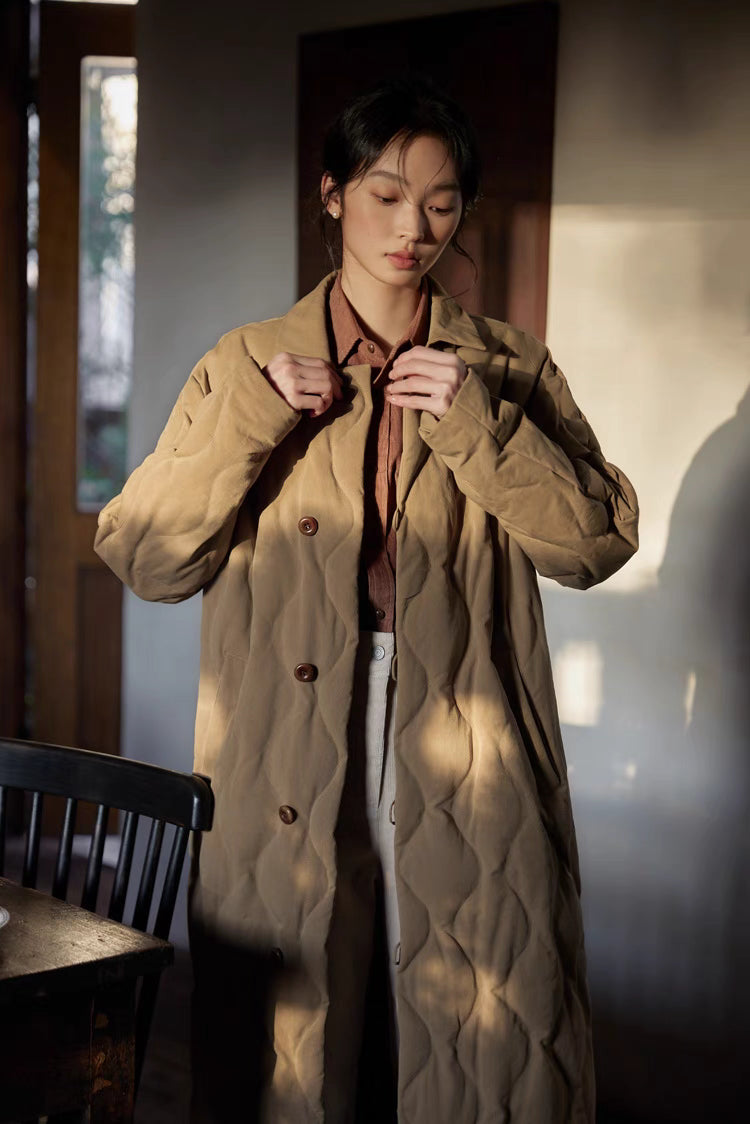 Close-up front view of khaki Gourd Stitch Longline Coat showing button closure, stand collar, and quilted gourd stitching detail