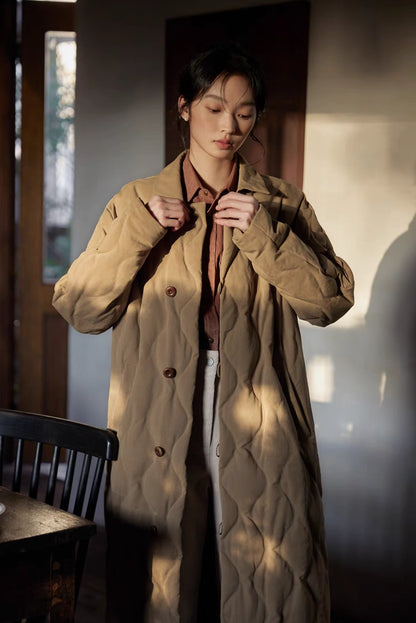 Close-up front view of khaki Gourd Stitch Longline Coat showing button closure, stand collar, and quilted gourd stitching detail