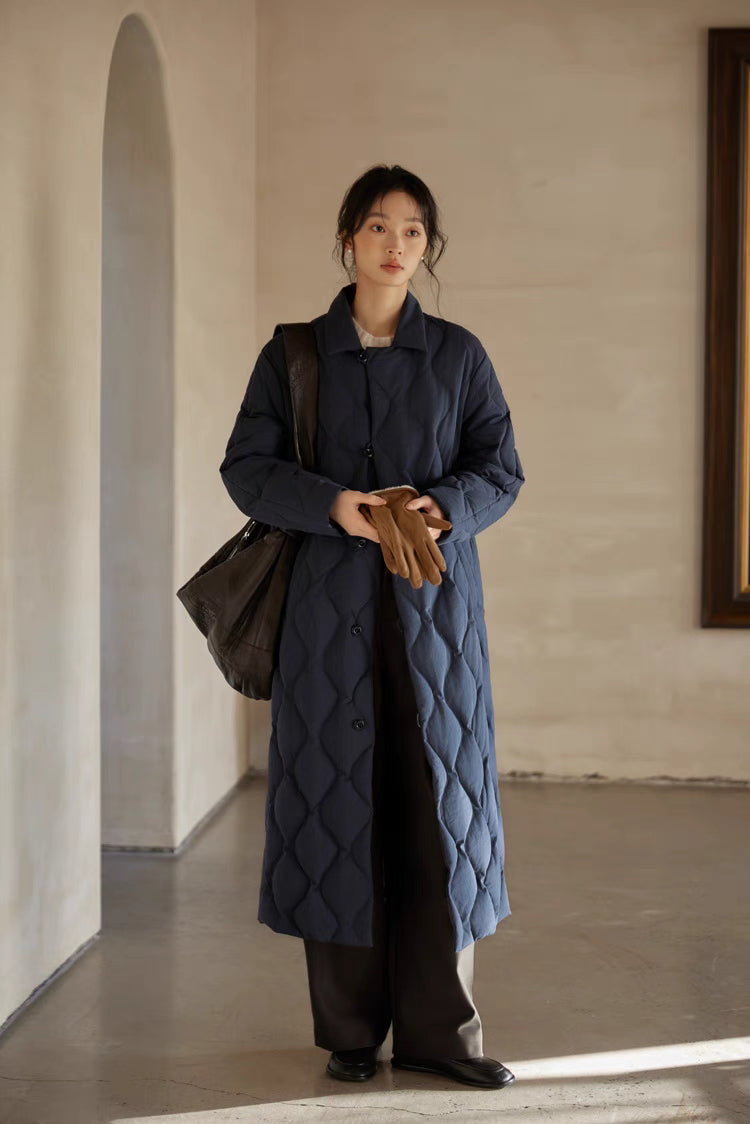 Model wearing Gourd Stitch Longline Coat in navy blue full body front view showcasing gourd quilted stitching, longline silhouette, and button front closure
