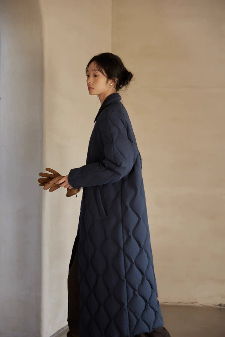 Side profile of navy blue Gourd Stitch Longline Coat showing long silhouette, quilted stitching, and relaxed fit