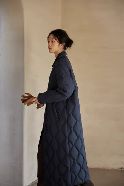 Side profile of navy blue Gourd Stitch Longline Coat showing long silhouette, quilted stitching, and relaxed fit