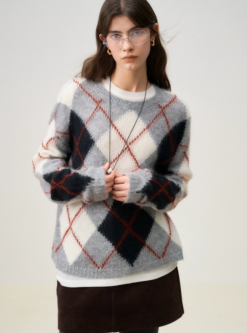 Front view of a Gray Argyle alpaca-blend crewneck sweater with large intarsia diamonds
