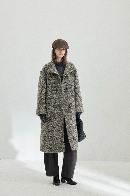 Full-length front view of a Gray Marl straight-cut bouclé coat falling below the knee