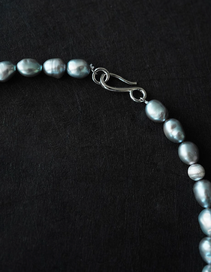 Grey Pearl Silver Necklace clasp detail showing silver hook closure and pearl connection