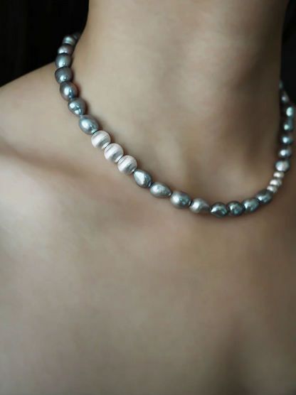 Grey Pearl Silver Necklace worn on model close-up showing grey freshwater pearls choker style