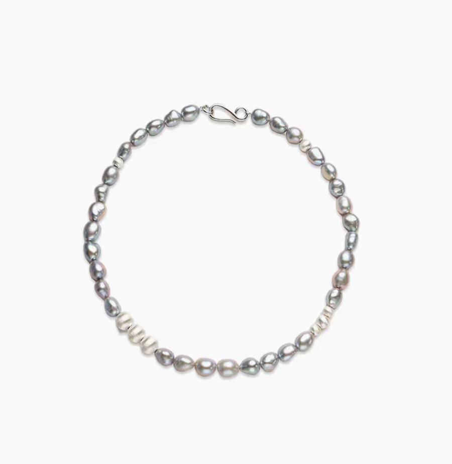 Grey Pearl Silver Necklace with natural freshwater grey pearls in a full front view on white background