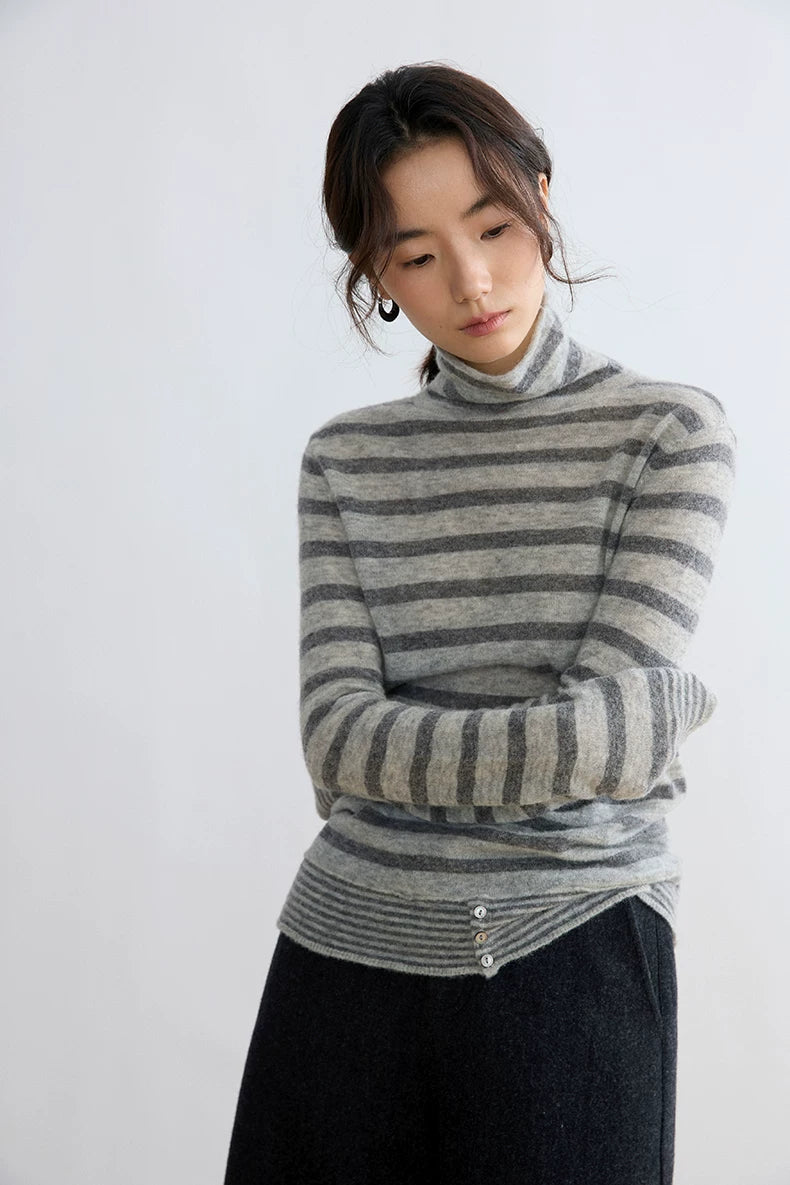 Grey stripe yak wool turtleneck, front view with arms crossed