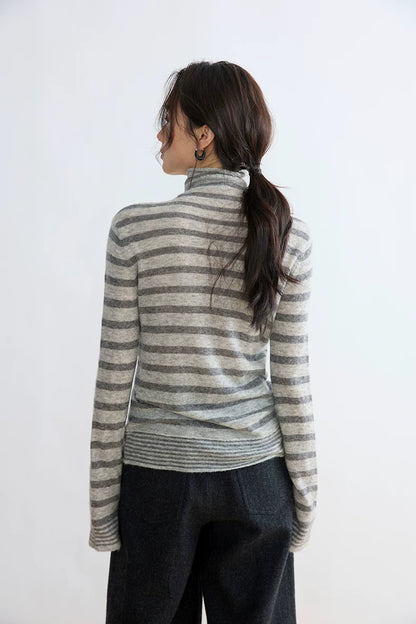 Grey stripe yak wool turtleneck, back view on model