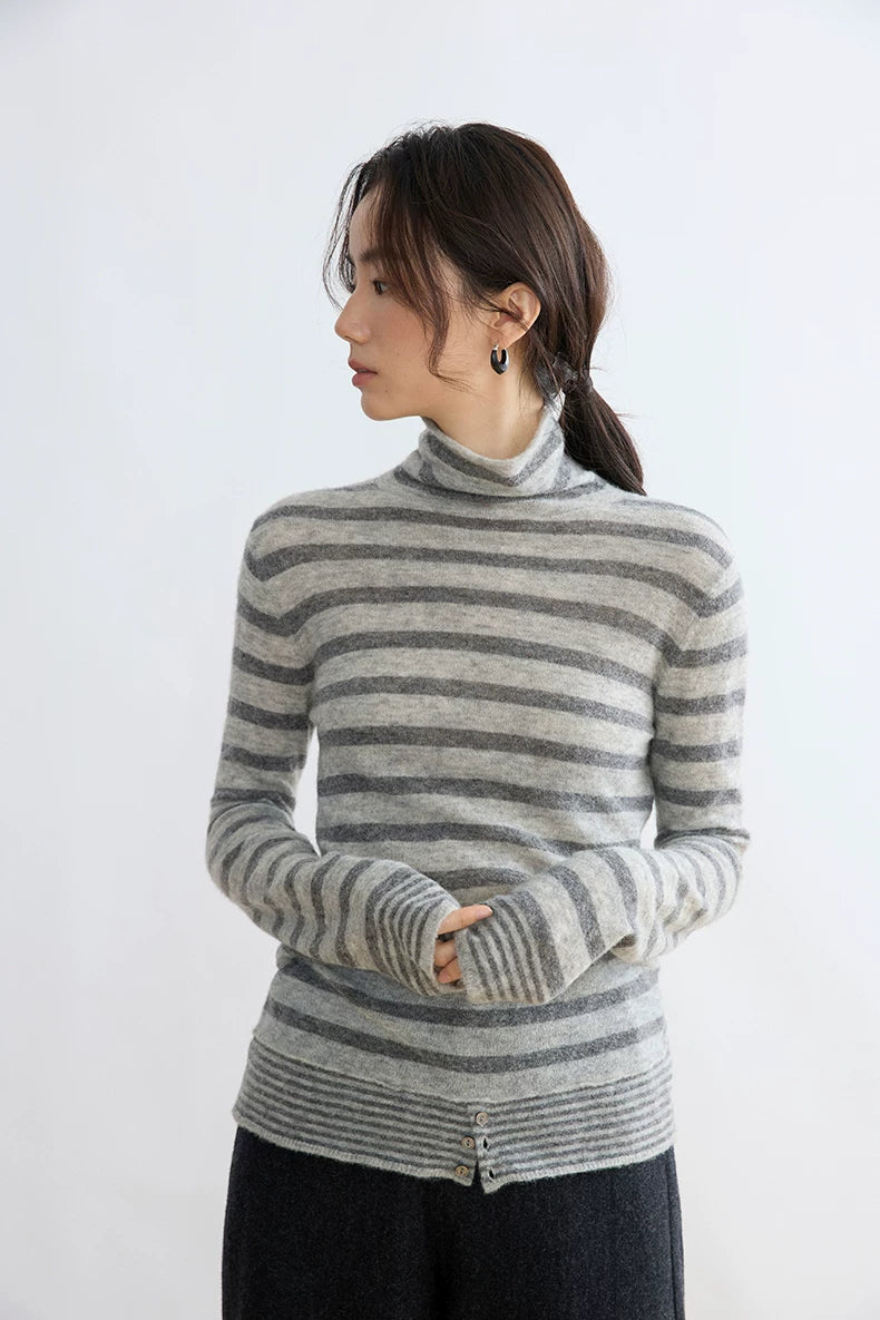 Grey stripe yak wool turtleneck, front view on model