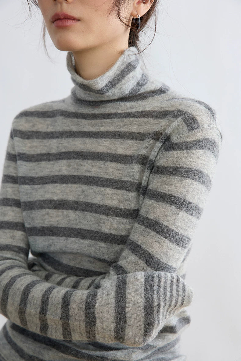 Grey stripe yak wool turtleneck, close-up of turtleneck and stripe detail