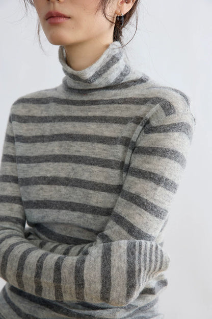 Grey stripe yak wool turtleneck, close-up of turtleneck and stripe detail