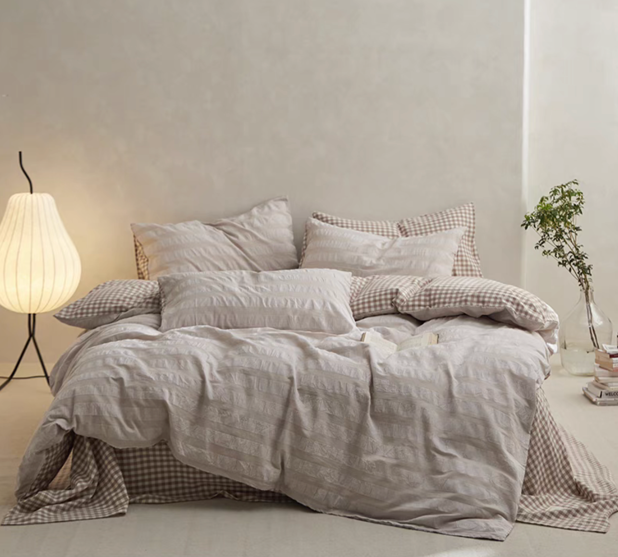 Khaki Grid cotton duvet, sheet and shams set with textured stripe duvet cover and checked bedding in bedroom scene
