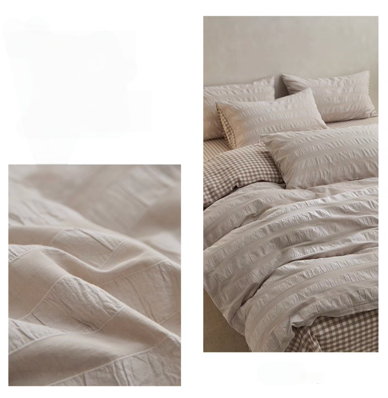 Khaki Grid cotton bedding detail collage showing textured stripe fabric and checked sheet with pillow shams