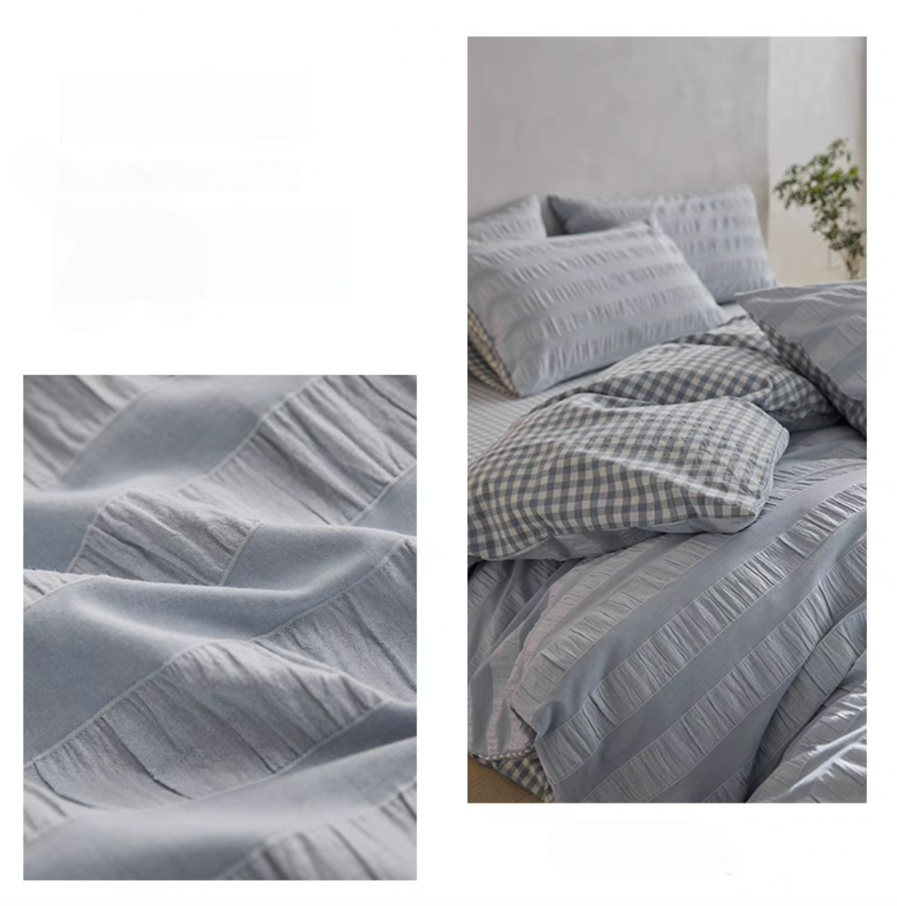 Light Blue Grid cotton bedding detail collage showing textured stripe fabric and checked sheet with pillow shams