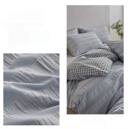 Light Blue Grid cotton bedding detail collage showing textured stripe fabric and checked sheet with pillow shams