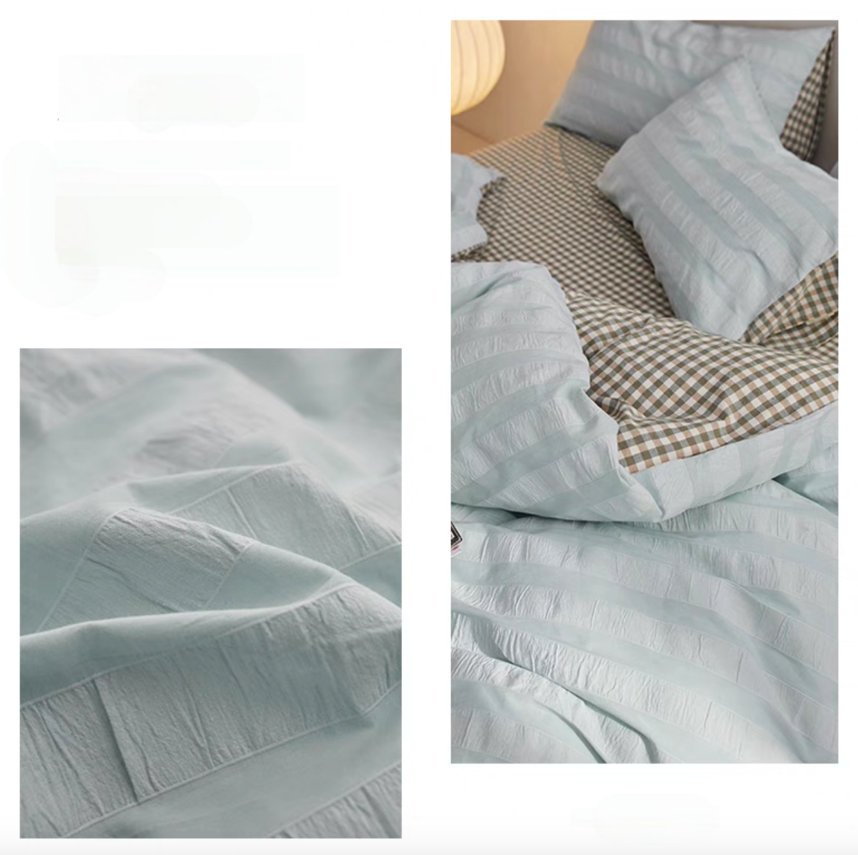 Light Green Grid cotton bedding detail collage showing textured stripe fabric and checked sheet with pillow shams