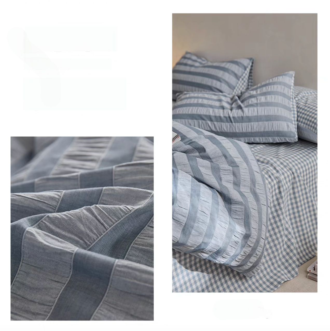 Slate Blue Grid cotton bedding detail collage showing textured stripe fabric and checked sheet with pillow shams