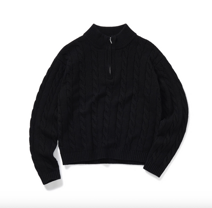 Half-zip black cable knit sweater flat lay with mock neck.