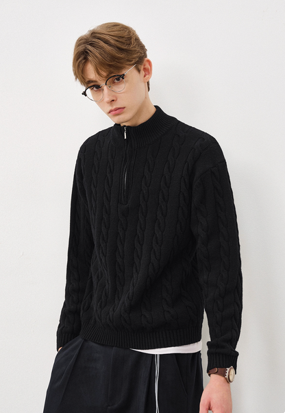 Men’s black mock neck half-zip cable knit sweater front view.