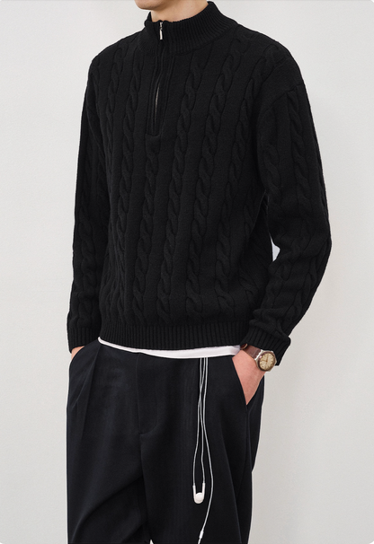 Side view of men’s black half-zip cable knit sweater with textured knit.