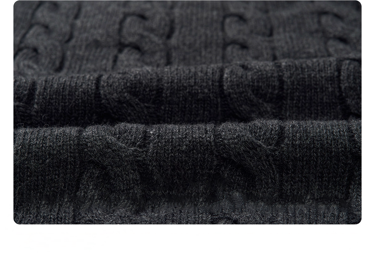 Close-up of charcoal cable knit fabric texture with ribbed detail.