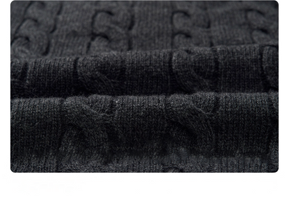 Close-up of charcoal cable knit fabric texture with ribbed detail.