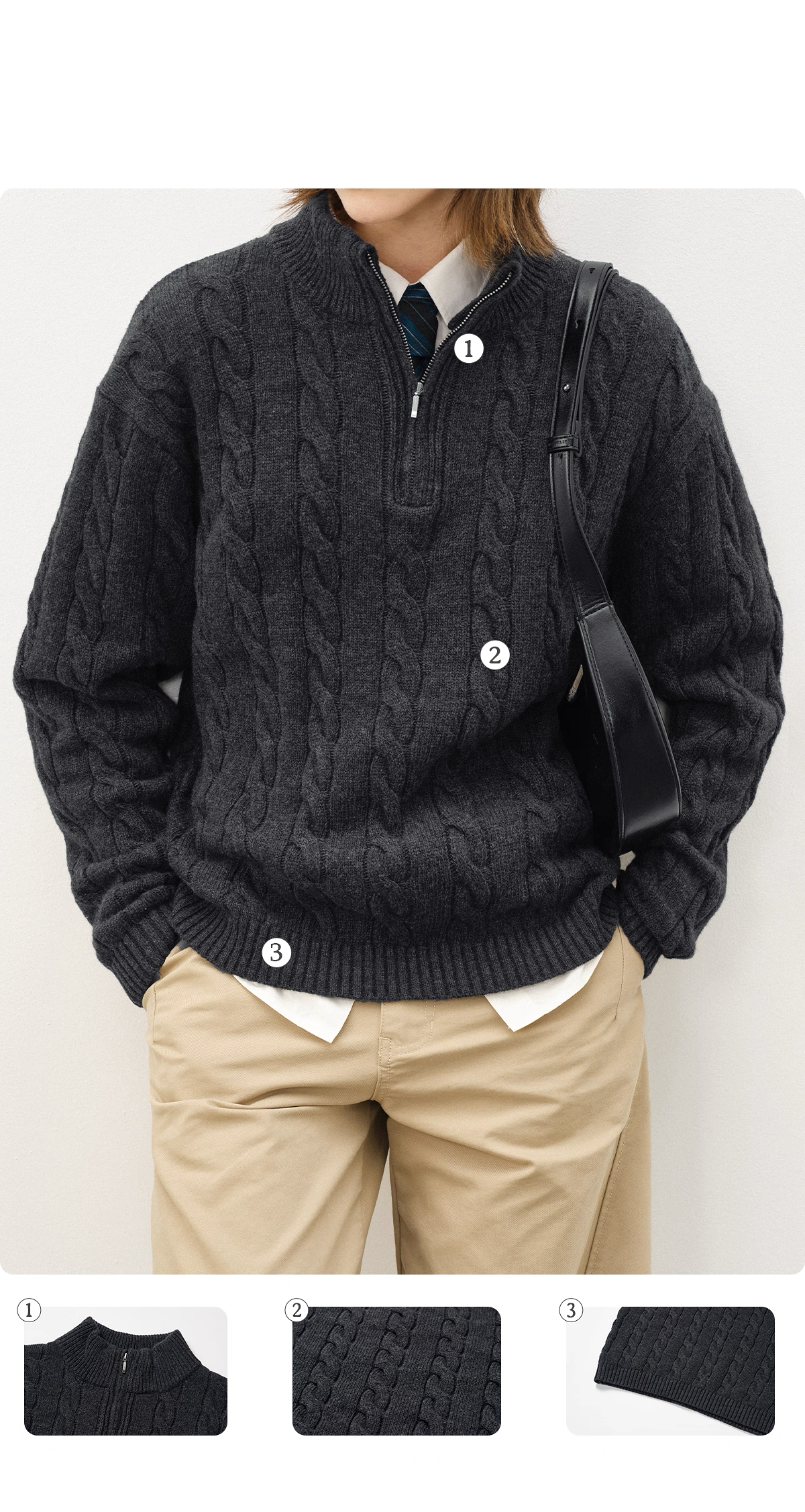 Women’s charcoal half-zip cable knit sweater styled with shirt.