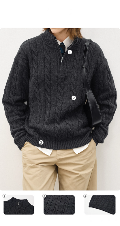 Women’s charcoal half-zip cable knit sweater styled with shirt.