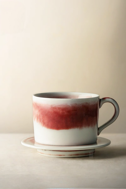 Style 2 handcrafted crimson glaze ceramic cup and saucer front view with deeper red band and taller cup shape