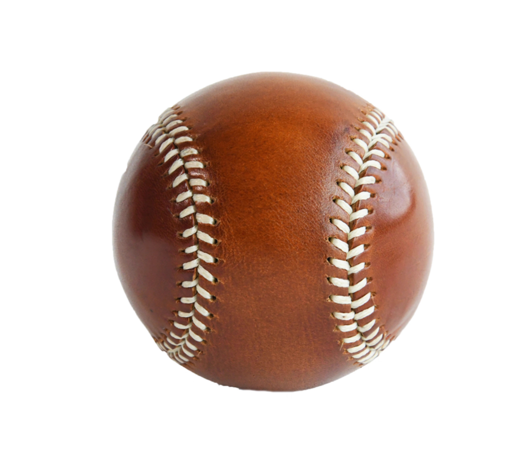 Caramel brown full-grain leather baseball on white background showing hand-stitched seams.