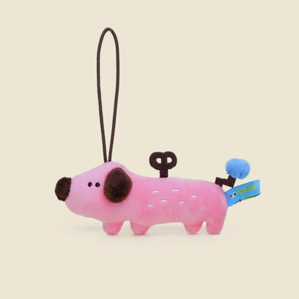 Pink handmade plush puppy charm keychain front view with soft texture and wind-up detail