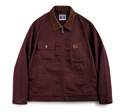 Front view of the burgundy Hardman Detroit 90s Workwear Jacket, featuring the corduroy collar and asymmetrical pocket design.