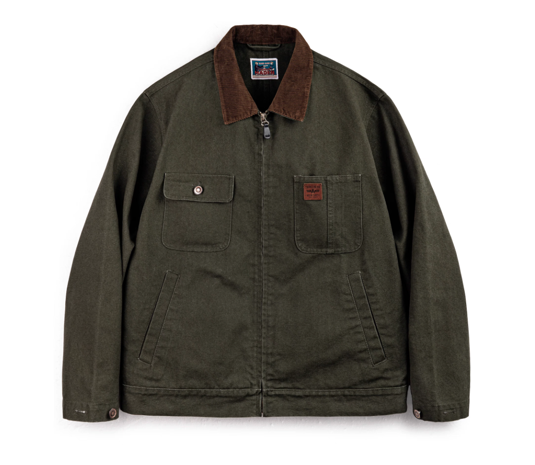 Front view of the green Hardman Detroit 90s Workwear Jacket, showcasing the corduroy collar and asymmetrical pocket design.