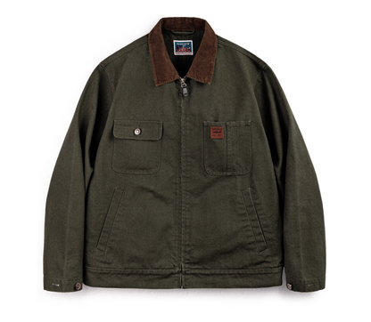 Front view of the green Hardman Detroit 90s Workwear Jacket, showcasing the corduroy collar and asymmetrical pocket design.