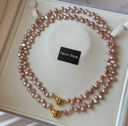 Champagne pink baroque pearl choker with irregular freshwater pearls and double-strand design with gold heart clasp
