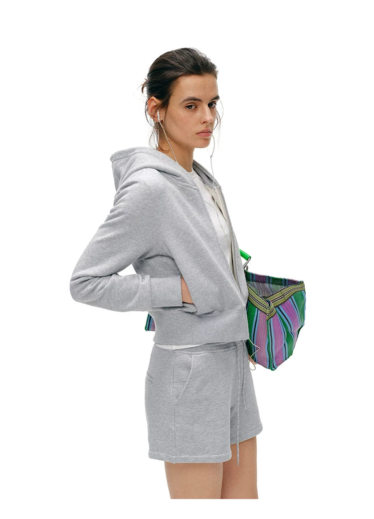 Side view of Heather Gray cropped hoodie and drawstring shorts set