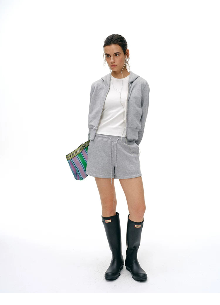 Full-length front view of Heather Gray cropped zip hoodie and shorts set