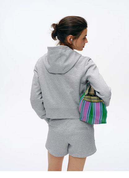 Back view of Heather Gray cropped hoodie and shorts showing ribbed hem
