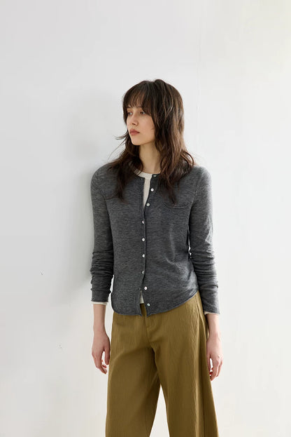 Heather Grey wool cardigan, front angled view showing round neckline