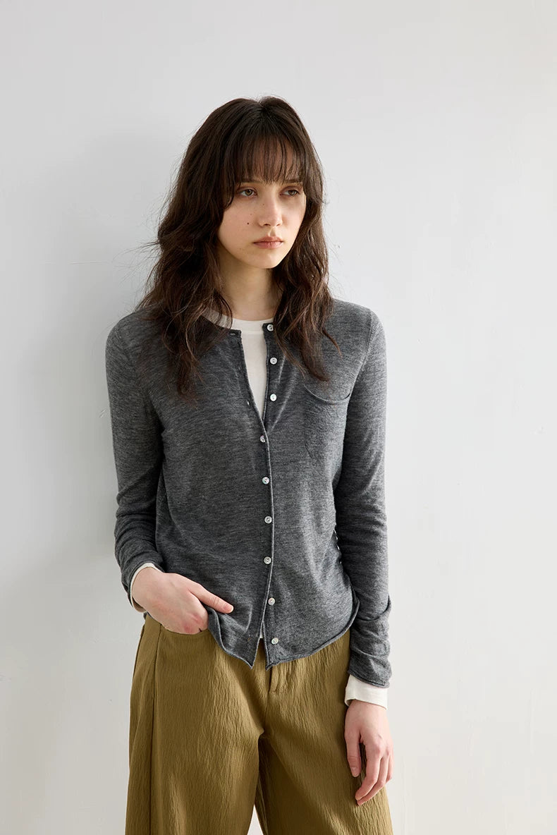 Heather Grey wool knit cardigan, close front view with button placket and chest pocket