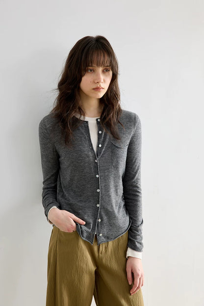 Heather Grey wool knit cardigan, close front view with button placket and chest pocket
