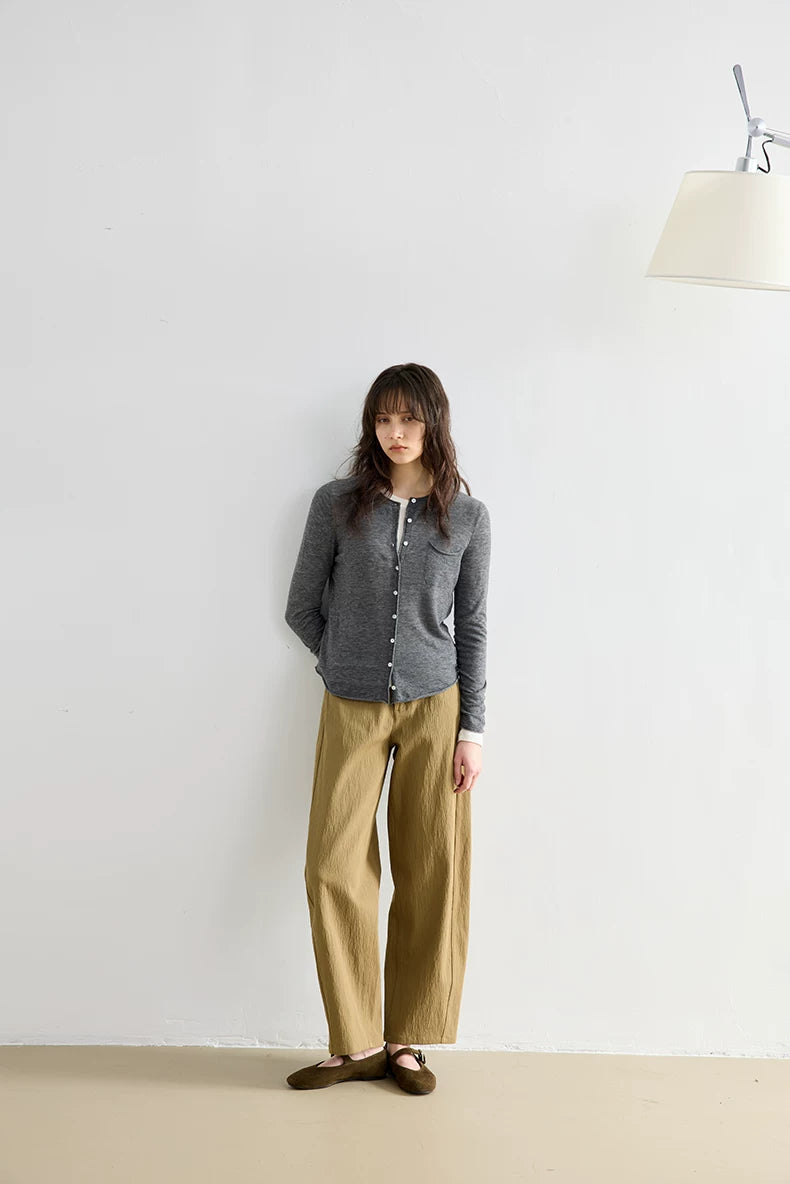 Heather Grey wool cardigan, full-length front view