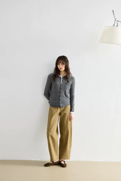 Heather Grey wool cardigan, full-length front view
