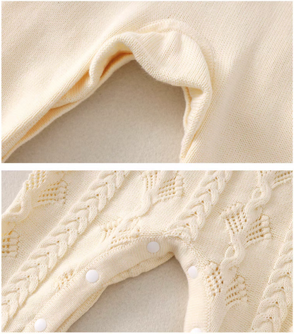 Close-up collage of beige baby romper leg opening and snap closure with cable knit texture