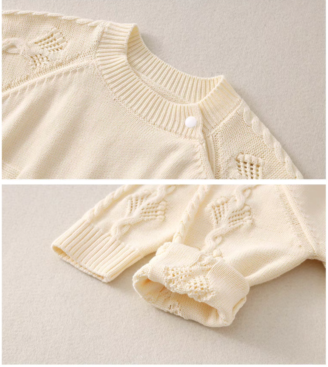 Close-up collage of beige baby romper neckline button detail and cable knit sleeve cuff