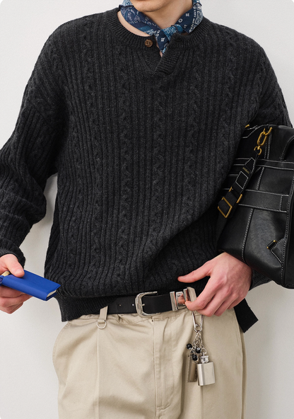 Closeup texture of charcoal cable-knit sweater showing Henley button detail