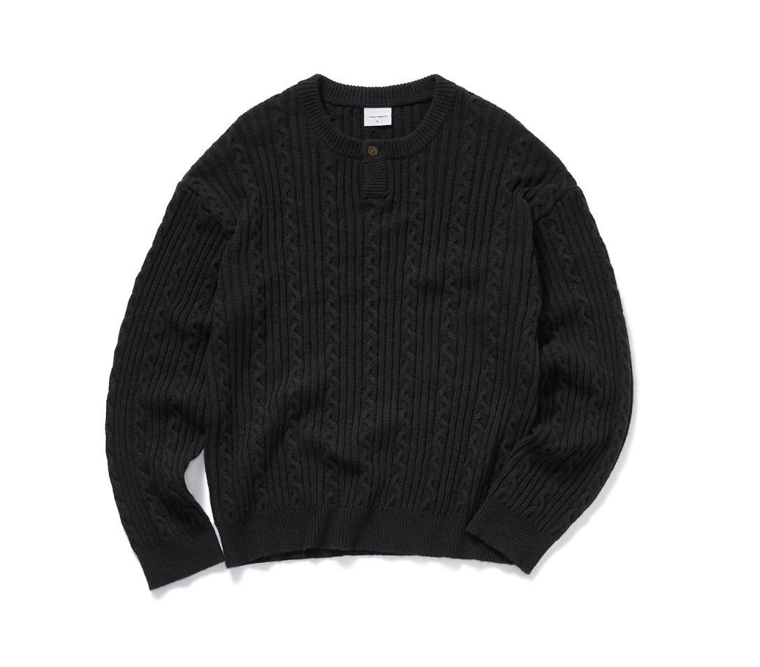 Flatlay view of men’s women’s charcoal cable-knit sweater with Henley button