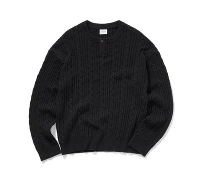 Flatlay view of men’s women’s charcoal cable-knit sweater with Henley button